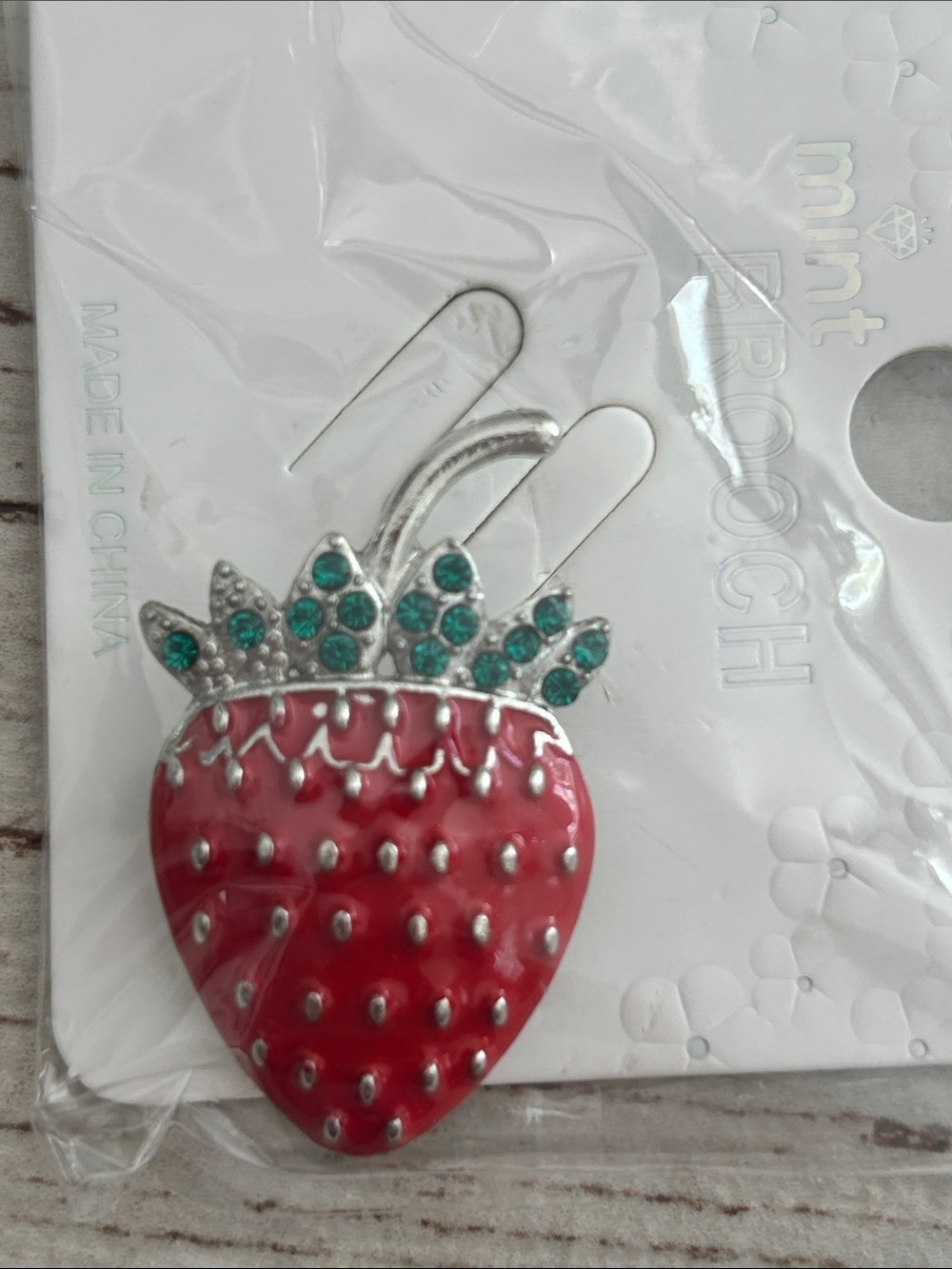 🔥$2 Red Strawberry Enamel Brooch with Green Crystal Leaves
